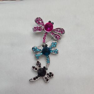 Women's Triple Dragonfly Brooch Retro Style Pin Blue Pink Black Rhinestones NWOT